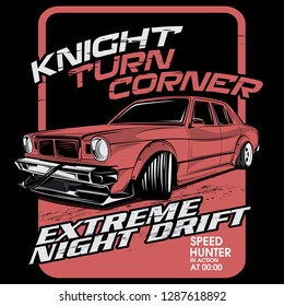 extreme night drift, car vector illustration