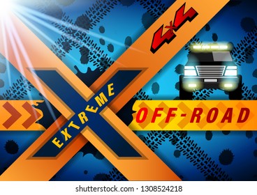 Extreme Off Road banner. SUV with headlights on against the background of dirt and wheel marks. Realistic Vector Illustration