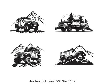 Extreme off road vehicles logo icons set silhouette in forest of mountains forest camping logos