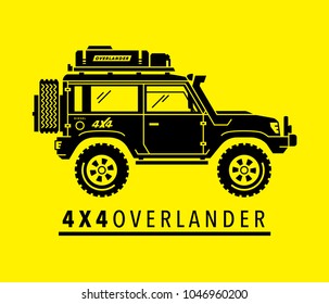 Extreme off-road 4x4 all-terrain suv vehicle. Overland adventure 4wd expedition sports utility safari vehicle. Black modified auto silhouette on yellow background. Vector illustration. 