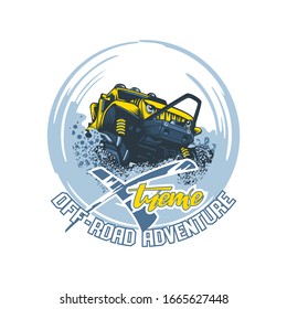 Extreme Off-Road Adventure SUV overcoming difficult obstacles. Vector illustration.