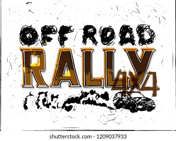Extreme off-road adventure. Vintage style. Unique hand drawn lettering. Landscape vector illustration in white, orange and black colours useful for retro poster, print and apparel design.
