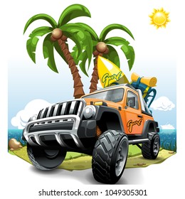 Extreme orange Off Road Vehicle SUV on a beach. Vector illustration. svg