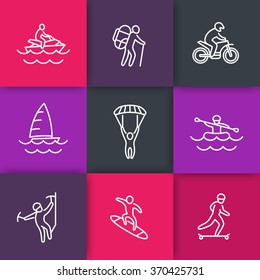 extreme outdoor activities, active lifestyle line icons, vector illustration