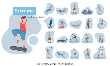 Extreme outdoor activities flat set of rock climber bike rider diver skier surfer characters isolated vector illustration