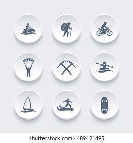 extreme outdoor activities icons set, rafting, skydiving, mountaineering, sailing, surfing, racing vector illustration