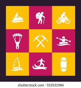 extreme outdoor activities icons set, skydiving, rafting, mountaineering, surfing