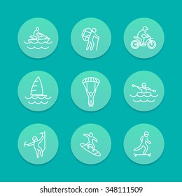extreme outdoor activities line aquamarine icons, vector illustration