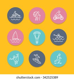 extreme outdoor activities line flat icons, vector illustration