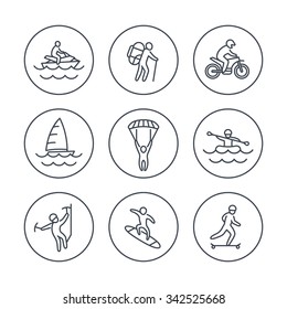 extreme outdoor activities line icons in circles, vector illustration
