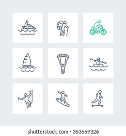 extreme outdoor activities line icons in squares, vector illustration