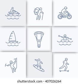 extreme outdoor activities line icons, extreme sports, recreation pictograms, linear icons, vector illustration