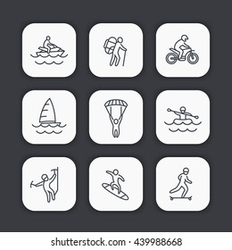 extreme outdoor activities line icons set, rafting, skydiving, alpinism, skateboarding, sailing, surfing, hiking, vector illustration