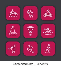 extreme outdoor activities line icons set, rafting, skydiving, alpinism, skateboarding, sailing, surfing, hiking, vector illustration