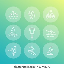 extreme outdoor activities line icons, rafting, skydiving, alpinism, skateboarding, sailing, vector illustration