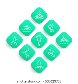 extreme outdoor activities line icons set, rafting, sailing, motocross, skydiving, alpinism, skateboarding