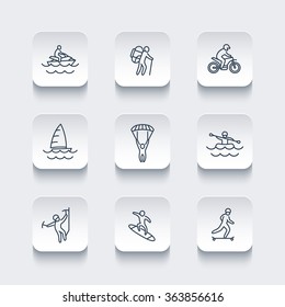 extreme outdoor activities line rounded square icons, vector illustration