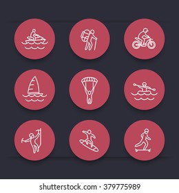 extreme outdoor activities round red line icons, vector illustration