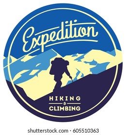 Extreme outdoor adventure badge. High mountains illustration.