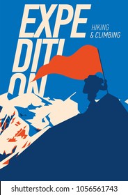 Extreme outdoor adventure poster. climber on peak with a red flag. High mountains illustration. Climbing, trekking, hiking, mountaineering and other extreme activities.