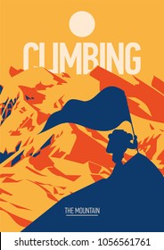 Extreme outdoor adventure poster. climber on peak with a red flag. High mountains at sunset illustration. Climbing, trekking, hiking, mountaineering and other extreme activities.