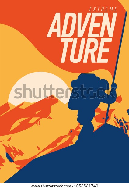 エクストリーム アウトドア アドベンチャー ポスター 赤い旗で山頂に登る 夕焼けの高い山のイラスト 登山 トレッキング ハイキング 登山 その他の極端な活動 のベクター画像素材 ロイヤリティフリー