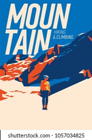 Extreme outdoor adventure poster. High mountains illustration. Climbing, trekking, hiking, mountaineering and other extreme activities.