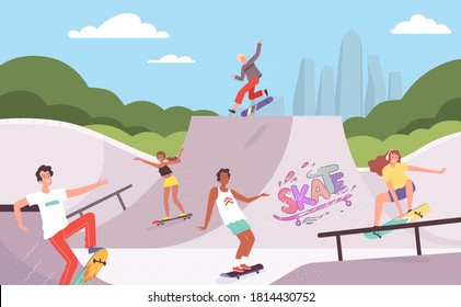 Parque extremo. Las actividades al aire libre de los patinadores en acción plantean a los adolescentes de la rampa saltar hipsters de fondo vectorial