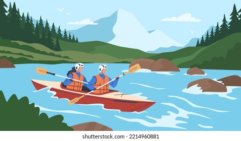 Extreme people. Rafting and kayaking sport, couple in boat, stormy river, adrenaline release, canoeing athletes, man and woman with oars, active leisure nowaday vector cartoon concept