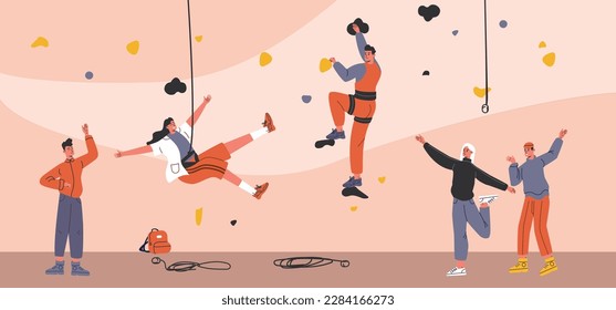 Extreme people. Rock climbers. Men and women climb wall with colored hooks. Height lifting with safety ropes. Athletes training. Artificial stones. Mountaineering gym