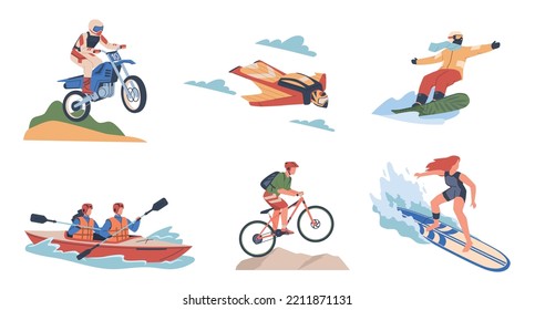 Extreme people. Sportive characters, men and women risk lovers, flat persones riding motorcycle and bicycle, athletes in gear, outdoor activities, adrenaline search, nowaday vector set