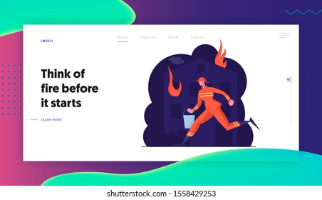 Extreme Profession Job Website Landing Page. Fireman at Fire Fighter Uniform and Helmet Carrying Bucket with Water in Hands for Watering Burning House Web Page Banner. Cartoon Flat Vector Illustration