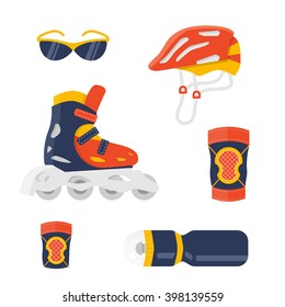 Extreme protection wear. Roller skate vector. Sport equipment for summer activity. Flat shoe and helmet, knee, wrist, elbow pads. Sport sun glasses and sport bottle. Protection equipment isolated set