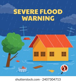 Extreme rain fall cause flood on the house and street.