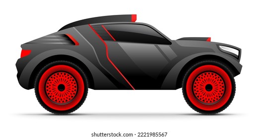 Extreme rally sports car in black and red colors isolated on white background. Aggressive car, safari off road vehicle design vector illustration.