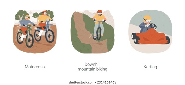 Extreme riding isolated cartoon vector illustration set. Group of teens enjoy motocross sport, holding helmet, downhill mountain biking, extreme karting, young professional rider vector cartoon.
