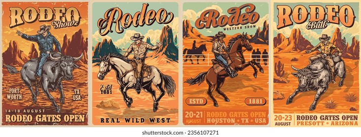 Extreme rodeo colorful set stickers with cowboys riding wild cows and bronco for entertaining western show spectators vector illustration