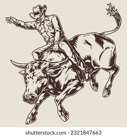 Extreme rodeo monochrome vintage sticker with jumping bull and man in cowboy hat participating in traditional American races vector illustration