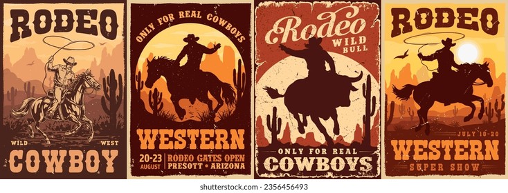 Extreme rodeo set stickers colorful with daredevils riding bulls and horses in search of adventure for magazine design vector illustration