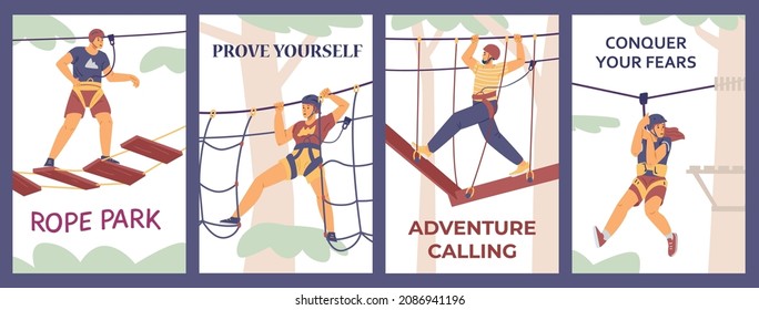 Extreme rope adventure park posters set in flat vector illustration. Cartoon characters walk obstacle course wearing helmets, climbing harnesses. Safe outdoor recreation, ability to conquer fears