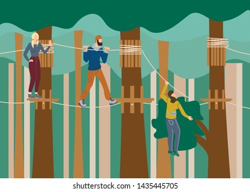 Extreme Rope Park in Forest Flat Illustration. People Sliding on Zip Line, Tourist Active Recreation. Adults Cartoon Vector Characters Riding Adventure Park Zipline. Outdoor Pastime and Leisure