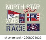 Extreme sailing yacht race with nautical map background vintage print for boy t shirt with nautical flag and badge patch applique