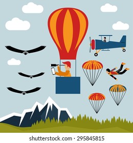 extreme selfie air balloon flat design illustration