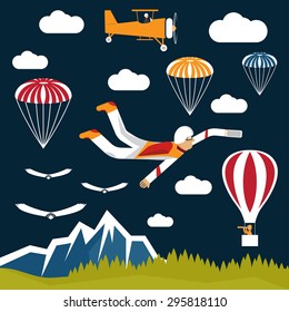 extreme selfie parachutist flat design illustration