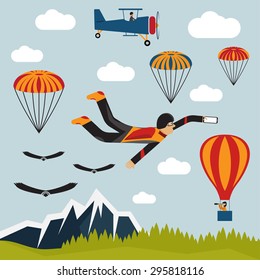 extreme selfie parachutist flat design illustration