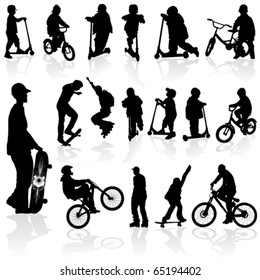 Extreme silhouettes children and man on roller, bicycle, skateboard, vector illustration