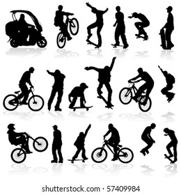 Extreme silhouettes man on roller, bicycle, scooter, skateboard, vector illustration