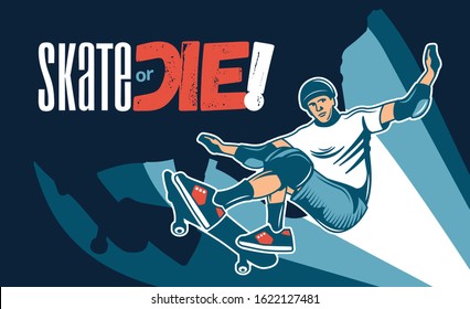 Extreme skateboarding colored hand drawn background with young man in helmet and knee pads skating on city streets or skate ramp vector illustration