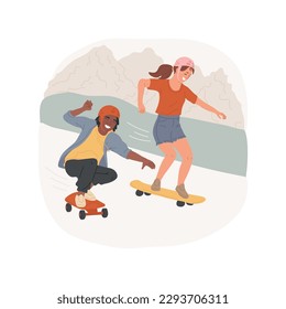 Extreme skateboarding isolated cartoon vector illustration. Happy young teenagers having fun when riding skateboard, downhill ride, extreme sport, teen active lifestyle vector cartoon.