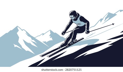 Extreme skier in black and white winter gear rushing downhill on a steep snowy slope between high peaks.